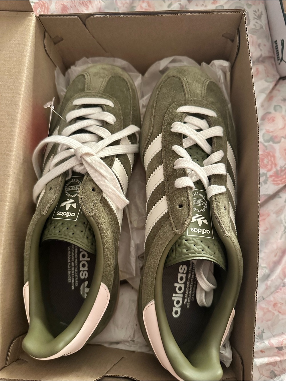 adidas Olive Suede Sneakers with White Stripes
